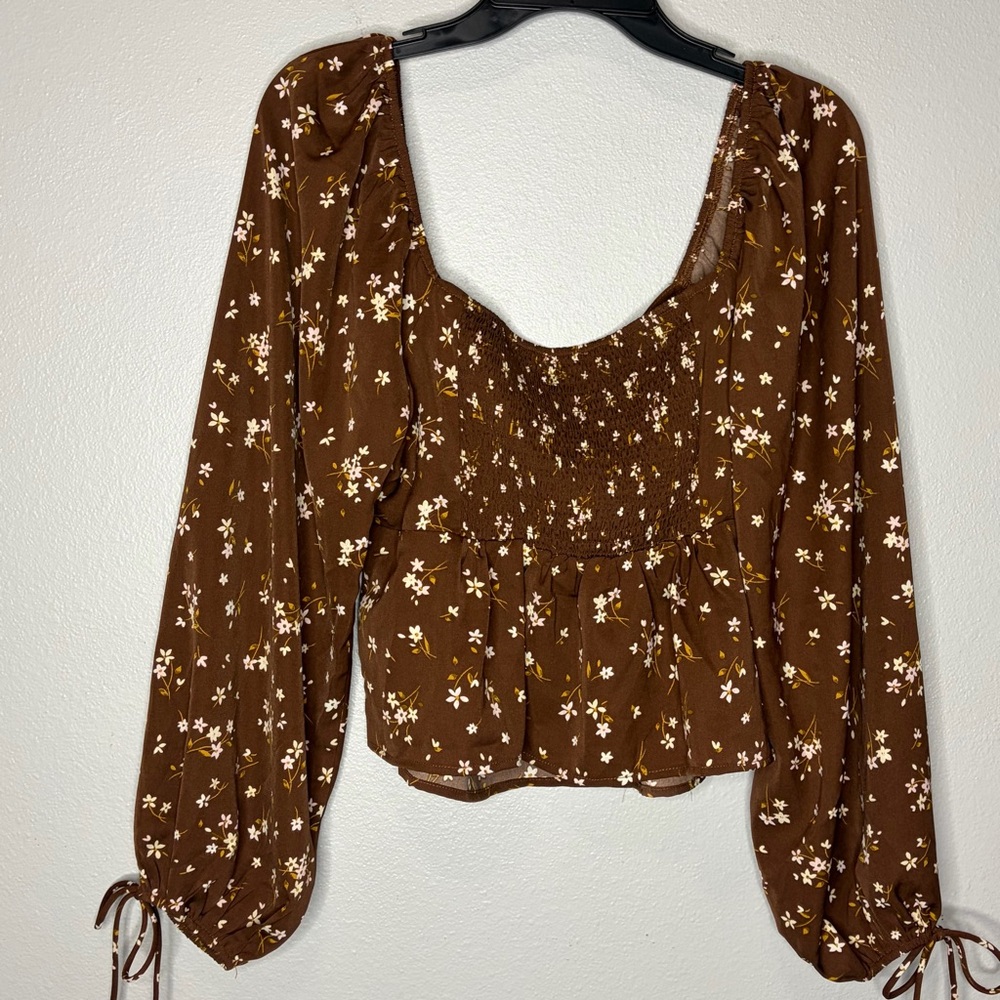 Mi Ami Francesca Crop Blouse Large Brown Floral Boho Smocked Cottagecore Prairie - Picture 7 of 7